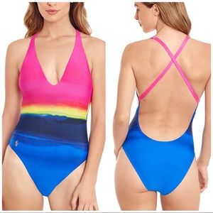 NWT Small Polo Ralph Lauren Dip-Dye Plunge Cross-Back One-Piece Swimsuit Bright